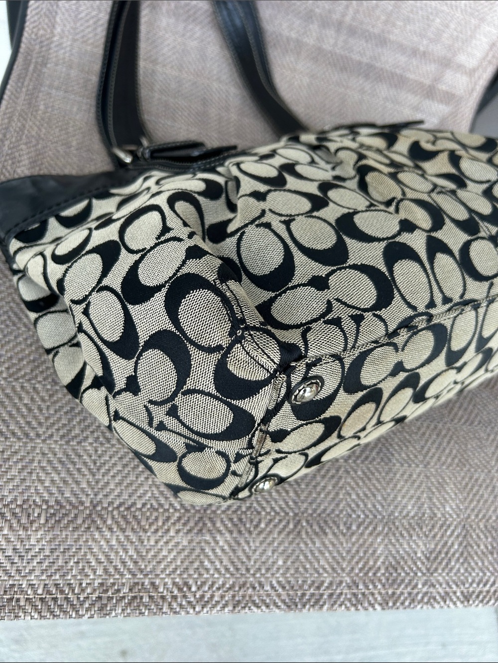 Coach F13742 Soho Black Pleated Leather Trim Signature Canvas Shoulder Bag. - Picture 12 of 16